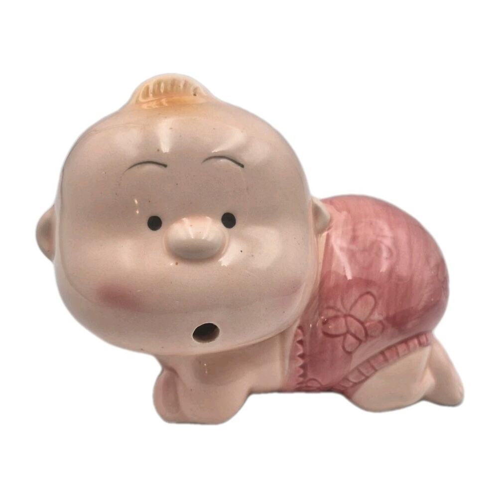 Vintage Crawling Baby in Pink Diaper Ceramic Coin Bank 8x6"